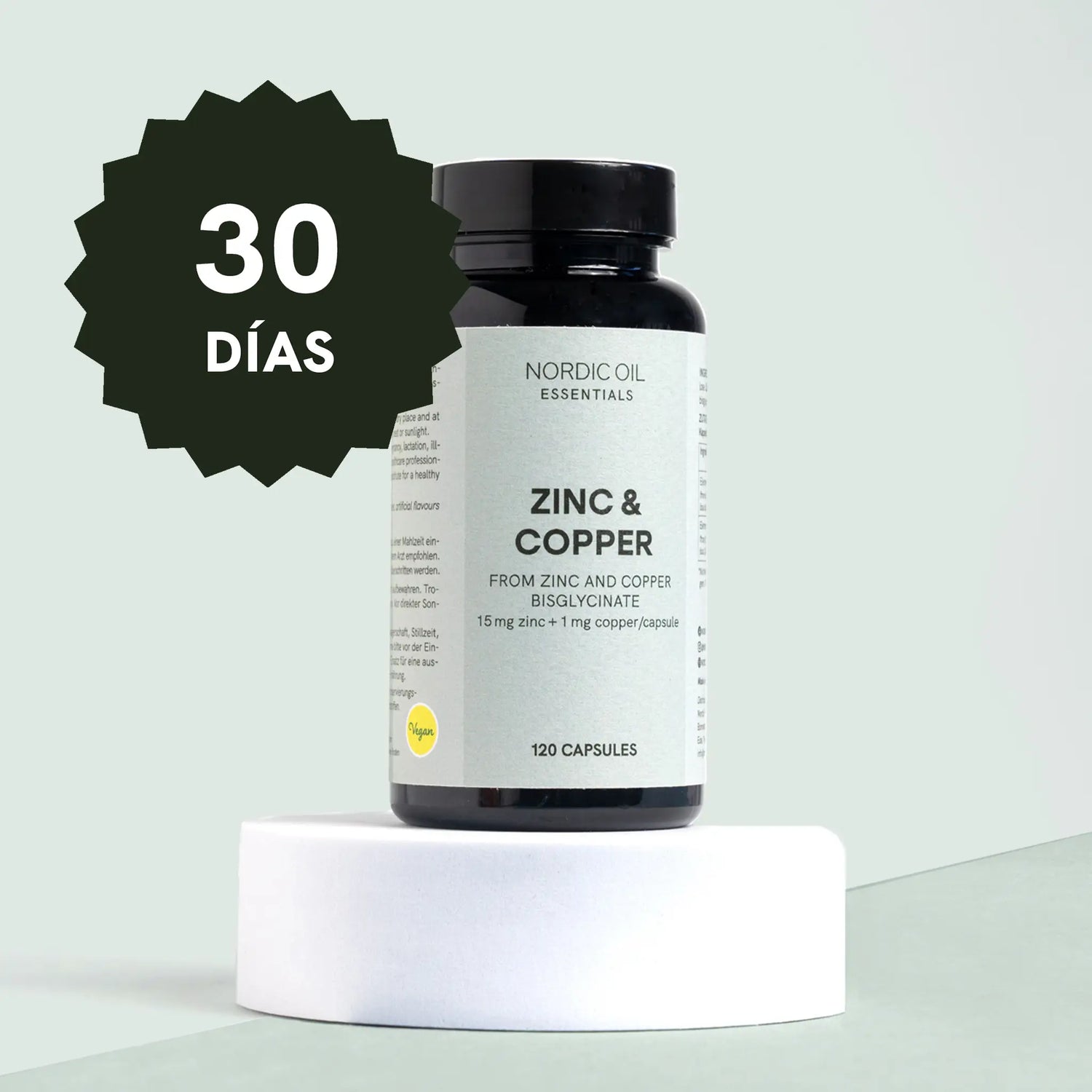Botella de suplemento Zinc y Cobre de Nordic Oil Essentials, 120 cápsulas, con sello de 30 días.