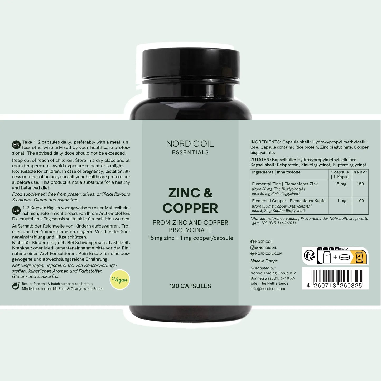 Botella oscura de Nordic Oil Essentials Zinc & Copper, suplemento en cápsulas