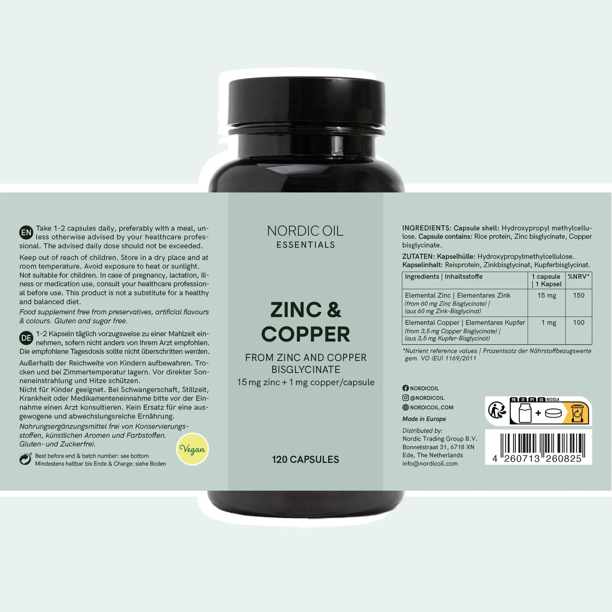 Botella oscura de Nordic Oil Essentials Zinc & Copper, suplemento en cápsulas